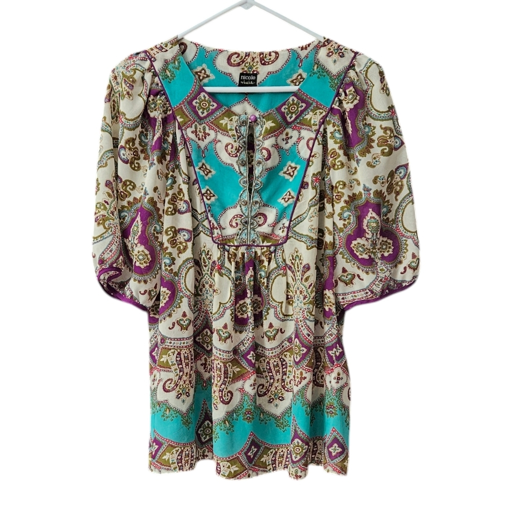 Nicole by Nicole Miller Women's Blouse Size 12 Embellished Paisley Peasant Boho